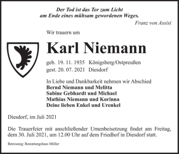 Traueranzeige von Karl Niemann  von Magdeburger Volksstimme