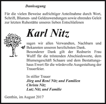 Traueranzeige von Karl Nitz  von Magdeburger Volksstimme