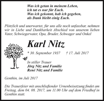Traueranzeige von Karl Nitz  von Magdeburger Volksstimme