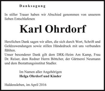 Traueranzeige von Karl Ohrdorf  von Magdeburger Volksstimme