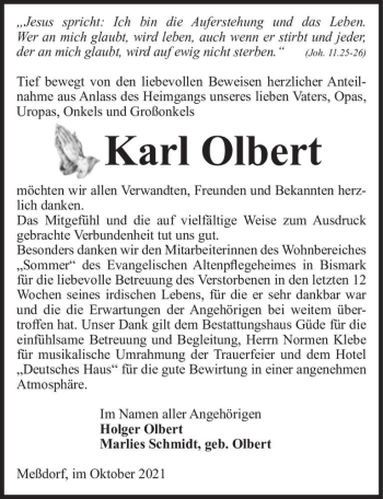 Traueranzeige von Karl Olbert  von Magdeburger Volksstimme
