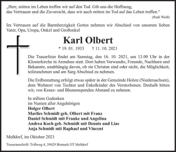 Traueranzeige von Karl Olbert  von Magdeburger Volksstimme