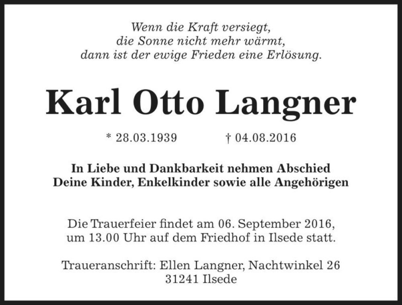  Traueranzeige für Karl Otto Langner  vom 20.08.2016 aus Magdeburger Volksstimme
