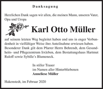 Traueranzeige von Karl Otto Müller  von Magdeburger Volksstimme