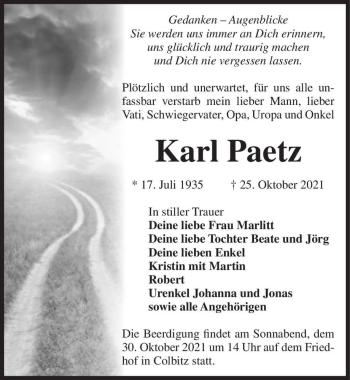 Traueranzeige von Karl Paetz  von Magdeburger Volksstimme