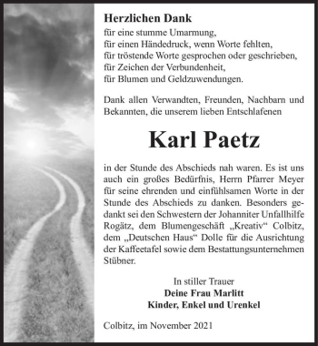 Traueranzeige von Karl Paetz  von Magdeburger Volksstimme