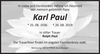 Traueranzeige von Karl Paul  von Magdeburger Volksstimme