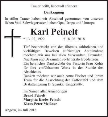 Traueranzeige von Karl Peinelt  von Magdeburger Volksstimme