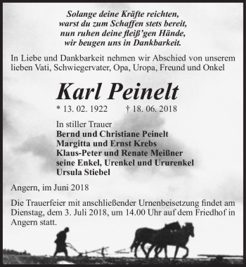Traueranzeige von Karl Peinelt  von Magdeburger Volksstimme