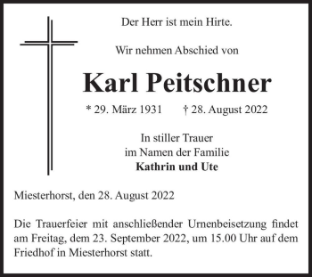 Traueranzeige von Karl Peitschner  von Magdeburger Volksstimme