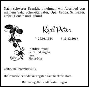 Traueranzeige von Karl Peter  von Magdeburger Volksstimme
