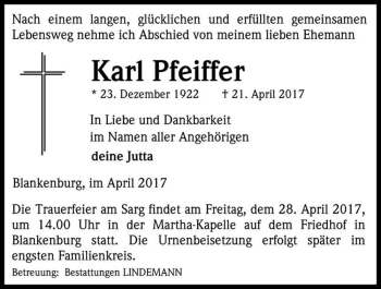 Traueranzeige von Karl Pfeiffer  von Magdeburger Volksstimme