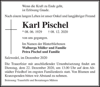 Traueranzeige von Karl Pischel  von Magdeburger Volksstimme