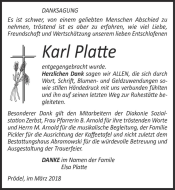 Traueranzeige von Karl Platte  von Magdeburger Volksstimme