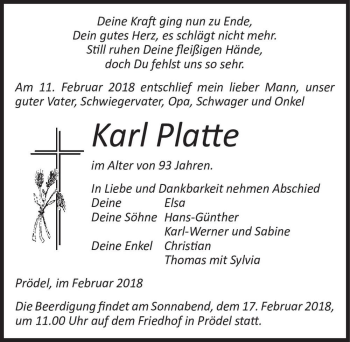Traueranzeige von Karl Platte  von Magdeburger Volksstimme