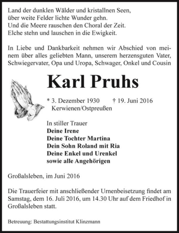Traueranzeige von Karl Pruhs  von Magdeburger Volksstimme