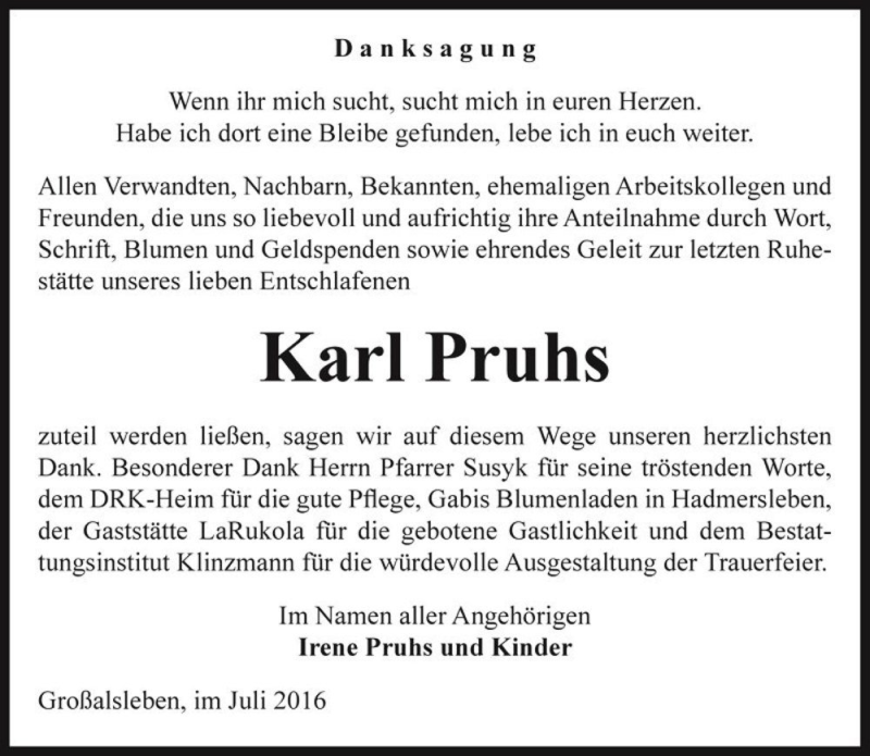  Traueranzeige für Karl Pruhs  vom 26.07.2016 aus Magdeburger Volksstimme