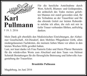 Traueranzeige von Karl Pullmann  von Magdeburger Volksstimme
