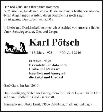 Traueranzeige von Karl Pötsch  von Magdeburger Volksstimme