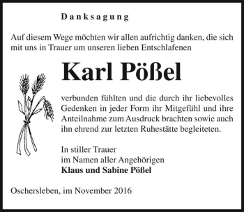 Traueranzeige von Karl Pößel  von Magdeburger Volksstimme