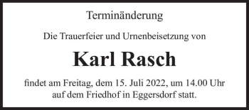 Traueranzeige von Karl Rasch  von Magdeburger Volksstimme