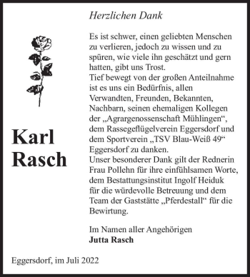 Traueranzeige von Karl Rasch  von Magdeburger Volksstimme