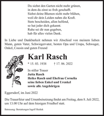 Traueranzeige von Karl Rasch  von Magdeburger Volksstimme