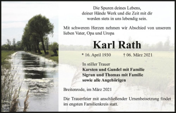 Traueranzeige von Karl Rath  von Magdeburger Volksstimme