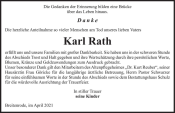 Traueranzeige von Karl Rath  von Magdeburger Volksstimme
