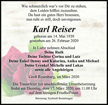 Traueranzeige von Karl Reiser  von Magdeburger Volksstimme