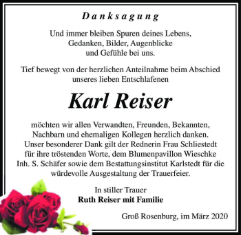 Traueranzeige von Karl Reiser  von Magdeburger Volksstimme