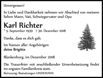 Traueranzeige von Karl Richter  von Magdeburger Volksstimme