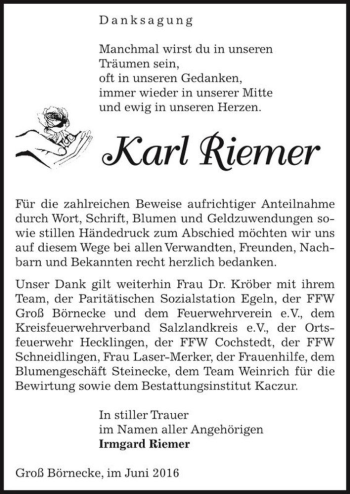 Traueranzeige von Karl Riemer  von Magdeburger Volksstimme
