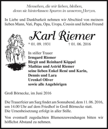 Traueranzeige von Karl Riemer  von Magdeburger Volksstimme