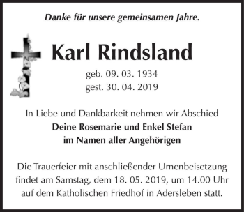 Traueranzeige von Karl Rindsland  von Magdeburger Volksstimme
