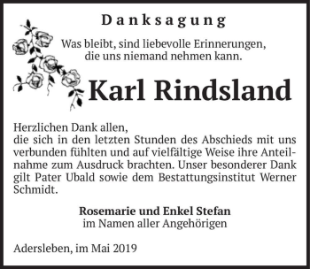 Traueranzeige von Karl Rindsland  von Magdeburger Volksstimme