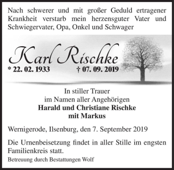 Traueranzeige von Karl Rischke  von Magdeburger Volksstimme