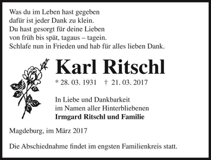  Traueranzeige für Karl Ritschl  vom 25.03.2017 aus Magdeburger Volksstimme