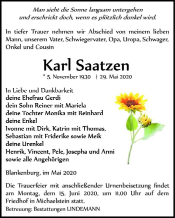 Traueranzeige von Karl Saatzen  von Magdeburger Volksstimme