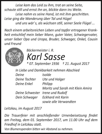 Traueranzeige von Karl Sasse  von Magdeburger Volksstimme