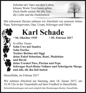 Traueranzeige von Karl Schade  von Magdeburger Volksstimme