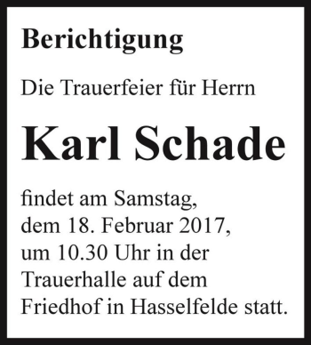 Traueranzeige von Karl Schade  von Magdeburger Volksstimme