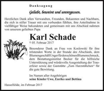 Traueranzeige von Karl Schade  von Magdeburger Volksstimme