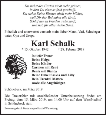 Traueranzeige von Karl Schalk  von Magdeburger Volksstimme