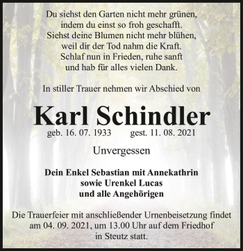 Traueranzeige von Karl Schindler  von Magdeburger Volksstimme