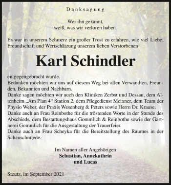 Traueranzeige von Karl Schindler  von Magdeburger Volksstimme