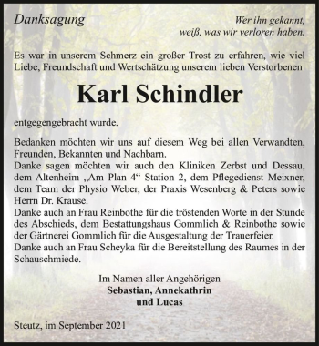 Traueranzeige von Karl Schindler  von Magdeburger Volksstimme