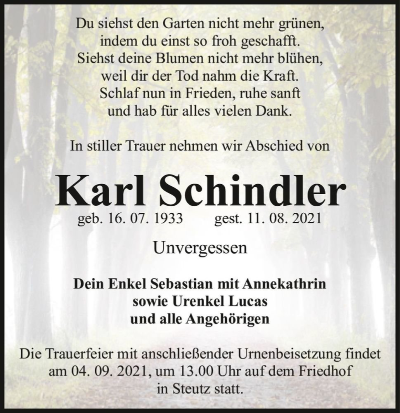  Traueranzeige für Karl Schindler  vom 28.08.2021 aus Magdeburger Volksstimme