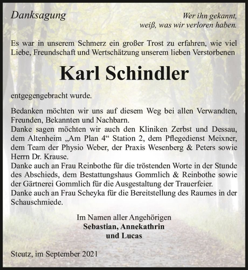  Traueranzeige für Karl Schindler  vom 18.09.2021 aus Magdeburger Volksstimme