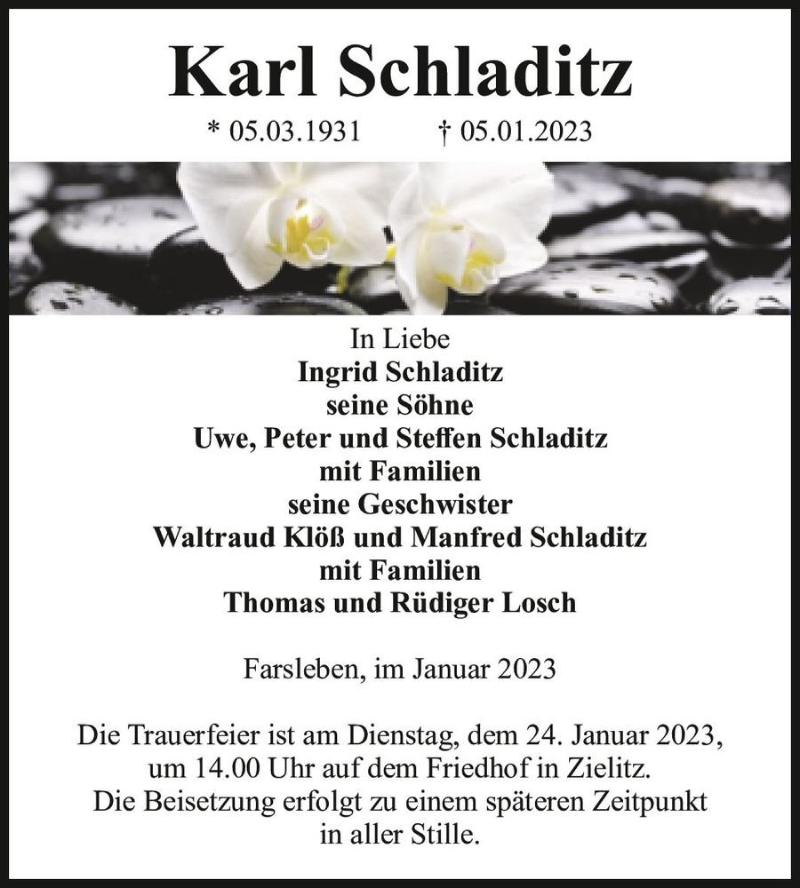  Traueranzeige für Karl Schladitz  vom 14.01.2023 aus Magdeburger Volksstimme